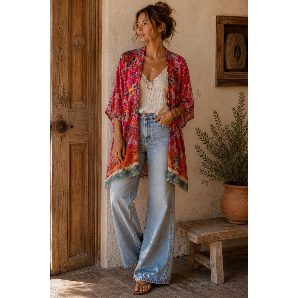 Do Everything In Love Pink Floral Paisley Boho Kimono Wrap Fringed One Size